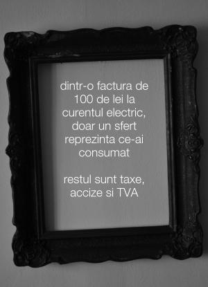 Dintr-o factură de 100 de lei la curentul electric, doar un sfert reprezintă energia propriu-zisă. Restul sunt taxe, accize şi TVA.